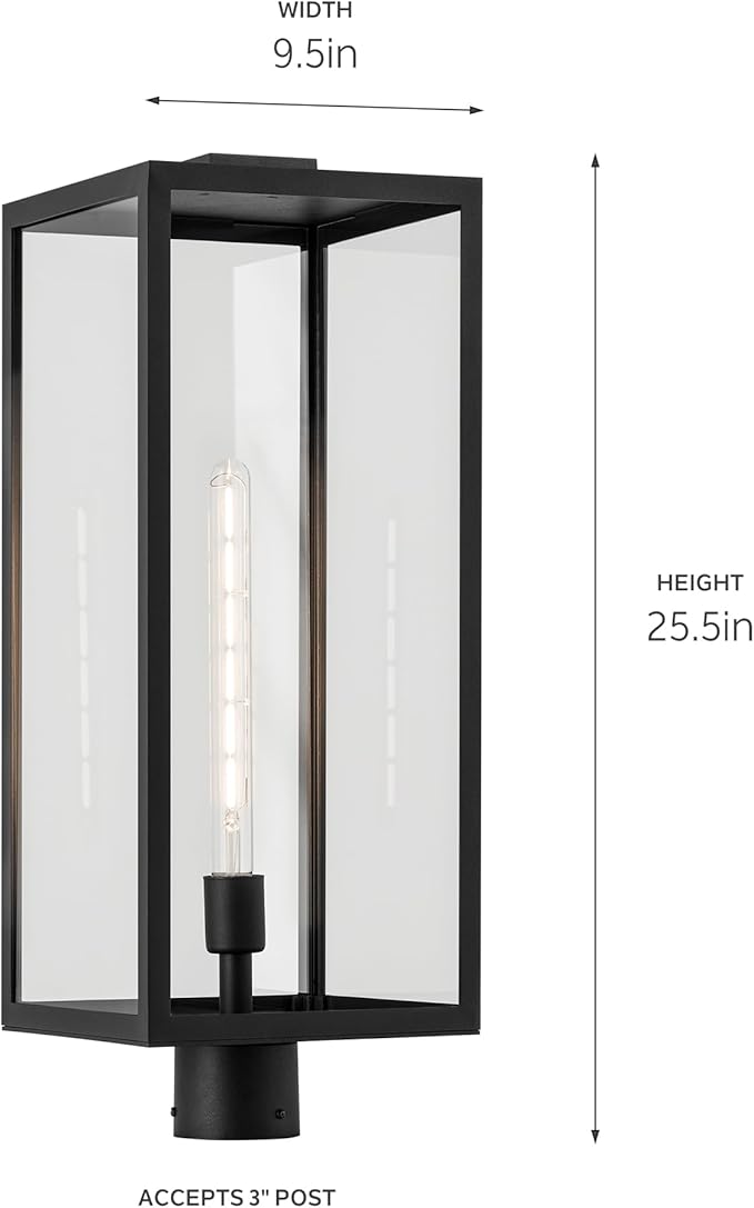Kichler Branner 25.5 in. 1-Light Textured Black Luxe Updated Traditional Outdoor Post Light with Clear Glass for Walkways and Driveway