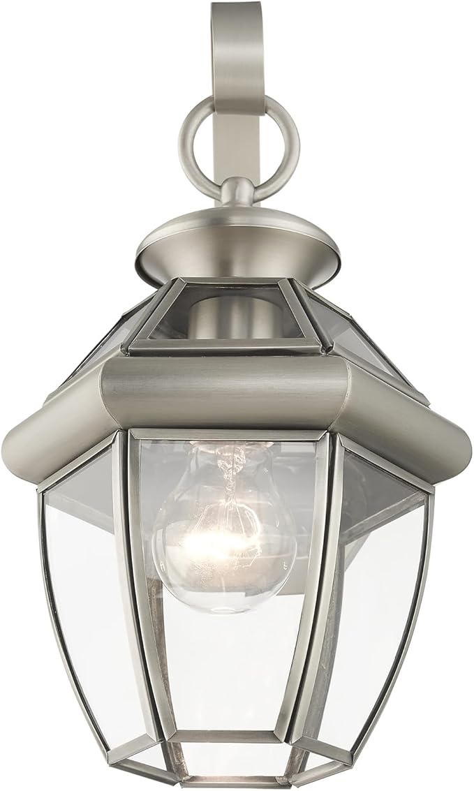 Livex Lighting 2051-91 Monterey 1 Light Outdoor Brushed Nickel Finish Solid Brass Wall Lantern with Clear Beveled Glass