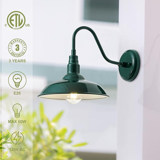 10in Outdoor Gooseneck Barn Light Wall Mount Green Exterior Farmhouse Porch Lights with White Interior Small Dome Outdoor Patio Gooseneck Wall Sconce Garage Lighting for House Cabin