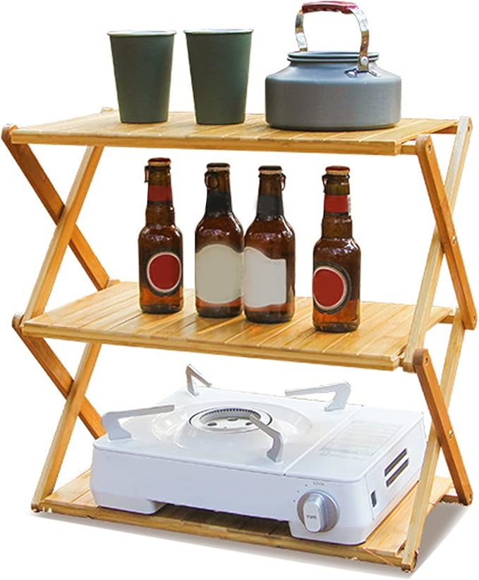 Wood Rack Portable Strong Bearing Capacity Folding Wooden Shelf for Outdoor Picnic 3 Layer Down Into Lightweigh Wood RackFolding Wooden ShelfCamping Portable Folding ShelfFolding (3 Layers)
