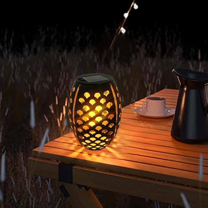 2PCS Solar Table Lanterns with Flickering Flame Light Outdoor Waterproof Metal Desktop Decorative Lamp with Hollow Design for Tabletop Garden 7.3 H Black Shell