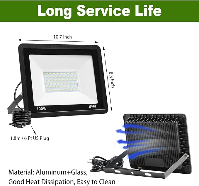 2 Pack 100W LED Flood Light Outdoor10000LM Work Spotlight with US Plug6000K Daylight WhiteIP66 Waterproof Exterior Security Floodlights for YardGardenBackyardPatioStadiumParking Lot