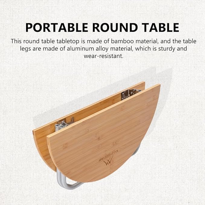 Topyond Camp Table Portable Aluminum Alloy Folding Round Table Lightweight Bamboo Top Camping Table Aluminum Folding Tab for Camping Picnic Self Driving Travel