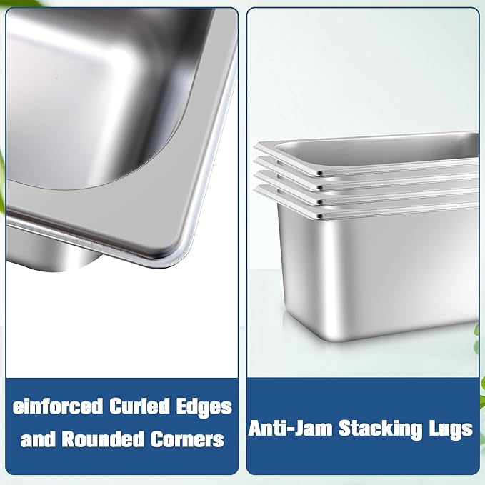 4 Pack Hotel Pans with lids 1/3 Size x 6 Inch Deep Steam Table Pan Stainless Steel Steam Table Pans Anti Rust Catering Storage Food Pan for Home Hotel Party Restaurant Buffet