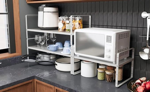 16.5~27.1 Expandable Shelf Organizer 1Pack 8.1 Wide Stackable Cabinet Shelf Organizers White Metal Sturdy Kitchen Counter Storage for Countertop Adjustable Height Spice Rack