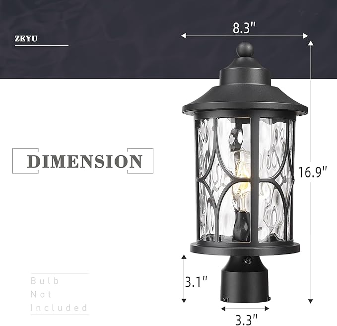 zeyu Pillar Light Outdoor 16.9 Inch Dusk to Dawn Outdoor Light Fixture Post with Photocell Sensor Exterior Post Lamp with Water Ripple Glass ZX48MP PC WG BK