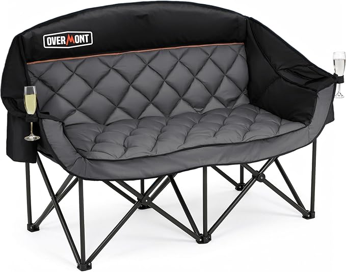 Overmont Oversized XLL Camping Chair for Adults - 850LBS Sopport Heavy-Duty Padded Folding Chair with Pocket Cup Holder Cooling Bag Wine Racks for Outdoor Sports Garden Beach Fishing Lawn Blk Loveseat
