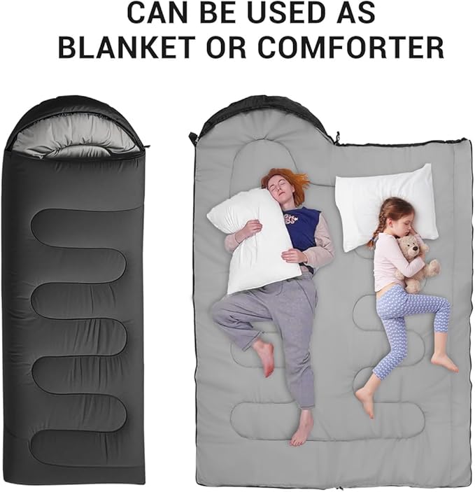 Double Sleeping Bag for Adults CampingBring Pillow XL Queen Size Sleeping Bags for 2 Person Hiking Backpacking Lightweight Waterproof with Compression Sack