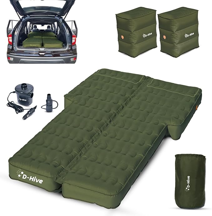 D-Hive Unbeatable Durability SUV Air Mattress for Car Camping Durable Extra Thick 300D Oxford Fabric Quick Easy Set-Up w/Electric Pump Car Bed Mattress Forrest Green