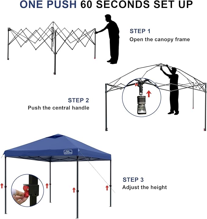 KAMPKEEPER One Person Setup 10x10 Pop up Canopy Tent Instant Portable Canopy One Push Outdoor Canopy with 3 Adjustable Heights Wheeled Carry Bag Bonus 8 Stakes and 4 Ropes(Navy)