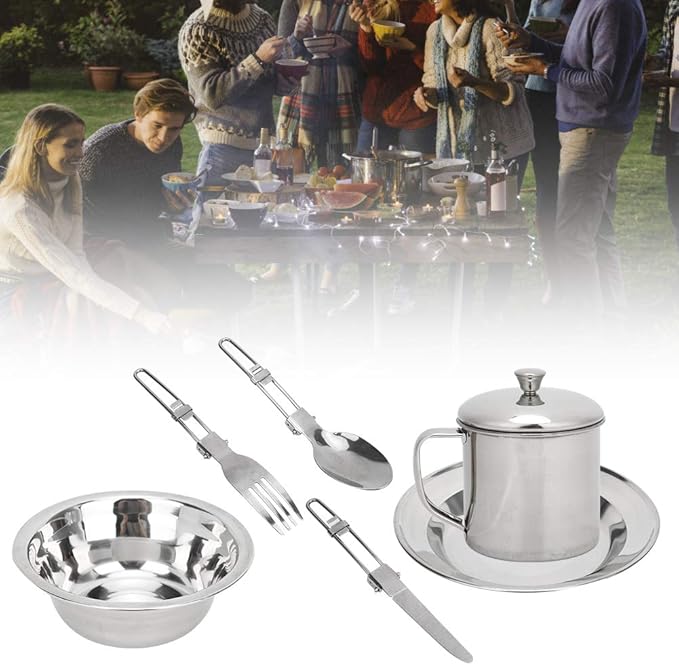 Stainless Steel Outdoor Tableware Set Portable Single Person Cookware for Camping Picnic Hiking Rustproof Camping Dishes Set with Storage Bag Lightweight Outdoor Cooking Utensil