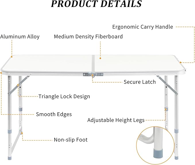 Folding Table 4 FootPortable Camping Camping with Handle3 Height AdjustableAluminium Alloy Dining Card Table Picnic Party Table for Banquet Party Dining Picnic Camp Kitchen BBQSilver 4 FT