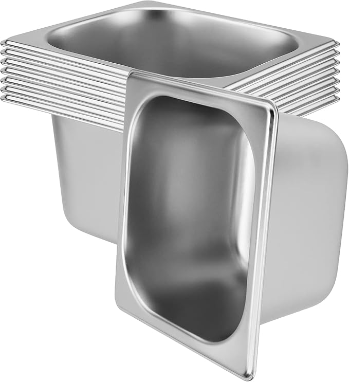 SINJEUN 8 Pack 1/6 Size x 4 Inch Deep Steam Table Pans Stainless Steel Steam Pan Catering Food Pan for Restaurant Hotel Catering Silver