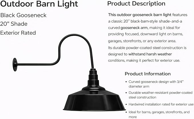AGB102-AS20-BK Gooseneck Barn Light - Black Outdoor Dome with Incandescent Downlight | Wall-Mount Fixture for Patios Gardens Pathways and Large Outdoor Living Spaces