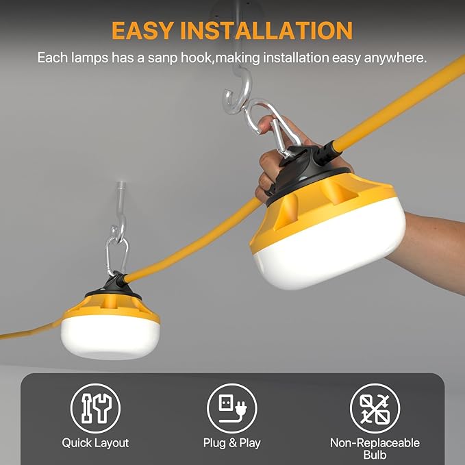 LED Construction String Lights: 50FT IP65 Waterproof ETL Certified Crawl Space Lights - 5000lm 18AWG Wire Linkable Temporary Construction Lighting for attic Lights with 5 Bulbs &amp Hooks