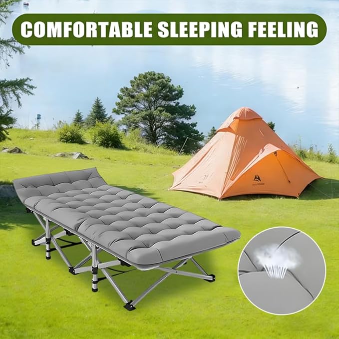 Comfortable and Soft Folding Bed Portable Camping cot with Side Pockets and Mattress Extra-Thick Oversized Folding Bed Weight Capacity of 500/600/700 lbs (Grey 600lbs)