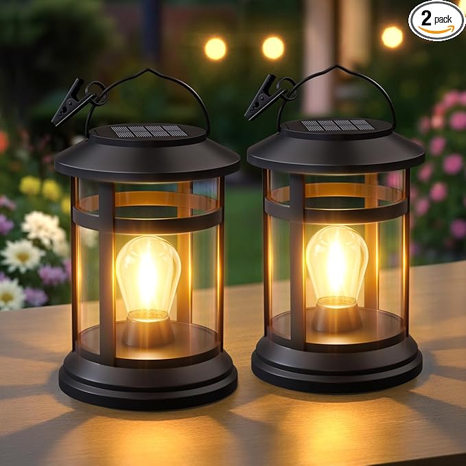 Solar Lanterns Outdoor Waterproof: 2 Pack Hanging Solar Lights for Outside Patio Porch Garden Tabletop Decor - Bright LED Warm White Solar Powered Lighting - Unique Gardening Gifts for Mom