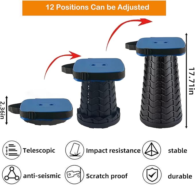 Collapsible Camping Stool with Seat Cushion &amp Nylon Bag Square Portable Telescopic Stool Lightweight Sturdy Foldable Stool for Camp Fishing Picnic Max Load 550 lb