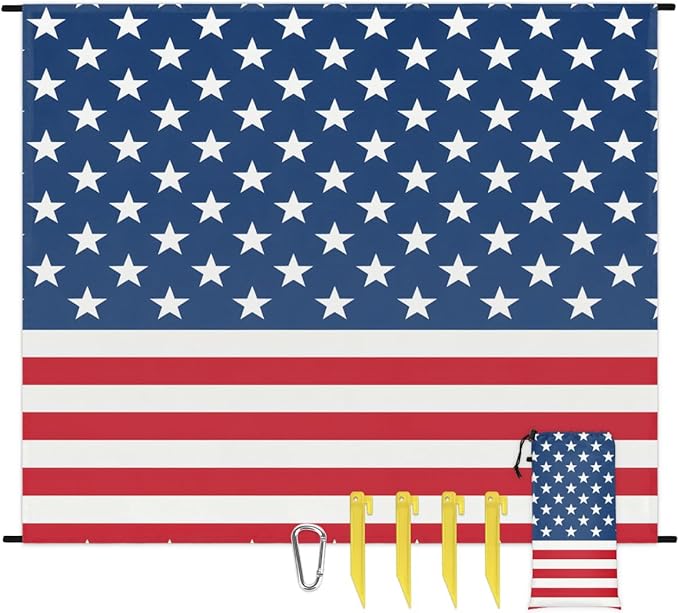 American Flag Beach Blanket Sandproof Beach Mat 68 x 59 Waterproof Quick Drying Sand Free Mat with 4 x Ground Spikes for Outdoor Travel Camping Hiking America 4th of July