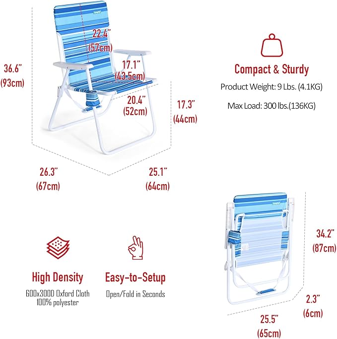 SunnyFeel 15 Tall Folding Beach Chair for Adults 2 Pack Oversized Portable High Seat Sand Chair Heavy Duty 300 LBS Foldable Camping Lawn Chairs for Camp/Outdoor/Travel/Picnic/Concert/Sports