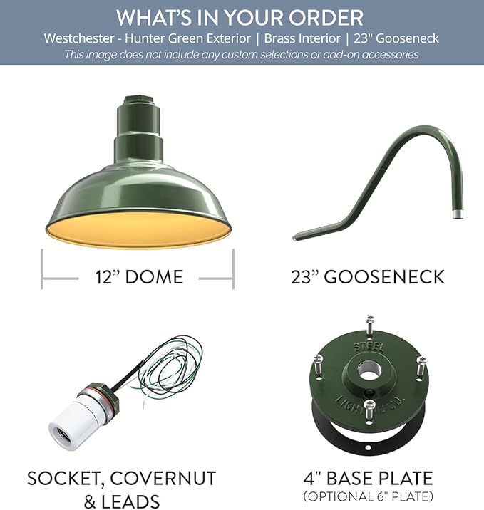 Steel Lighting Co. Westchester Barn Light | Outdoor Wall Mounted | 12 inch Dome | 23 Gooseneck | Warehouse Steel Light Made in America | Hunter Green Exterior/Brass Interior