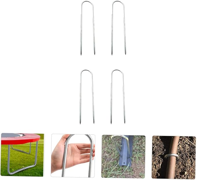 POPETPOP 4pcs U-Shaped Ground Pegs for Tent and Trampoline Galvanized Fastening Stakes Sturdy Camping Tent Fixing Stakes for Outdoor Use
