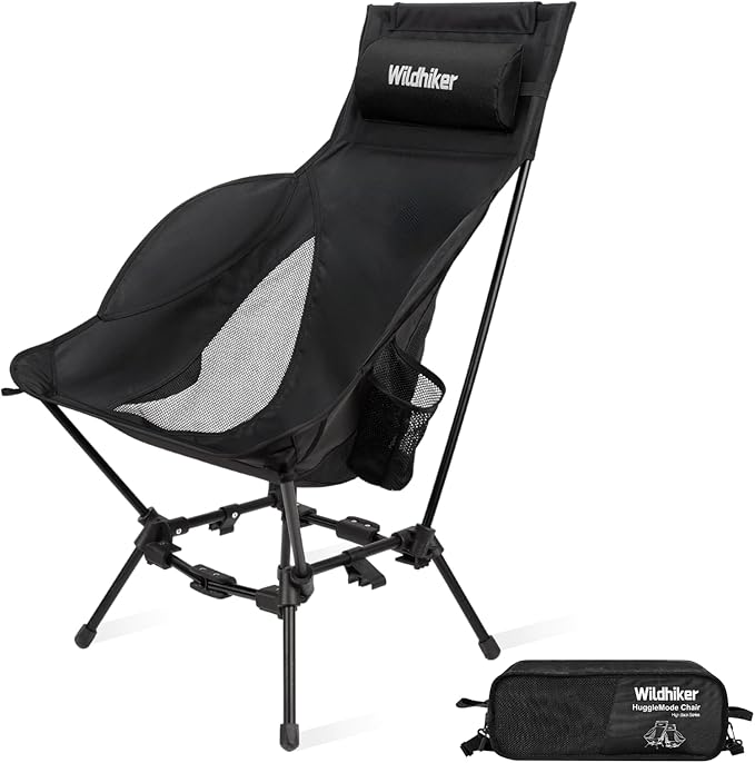 Wildhiker Compact High Back Camping Chair - Foldable with Dual Sitting Modes Pillow Arm Pads and Side Pockets - Lightweight Portable Chair for Motorcycle RV Festival Travel - Black