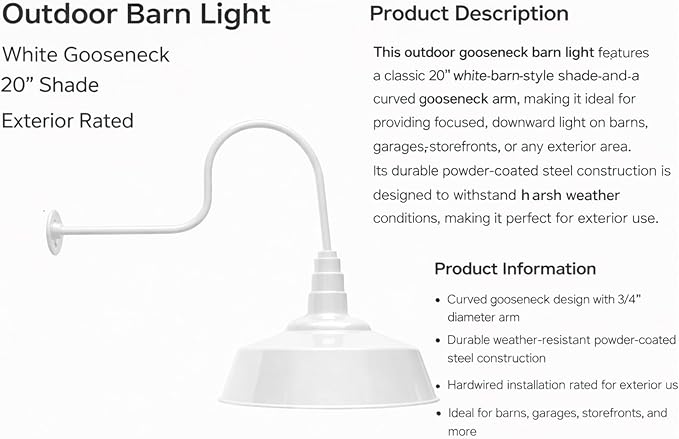 AGB102-AS20-WH Gooseneck Barn Light - White Outdoor Dome with Incandescent Downlight | Wall-Mount Fixture for Patios Gardens Pathways and Large Outdoor Living Spaces