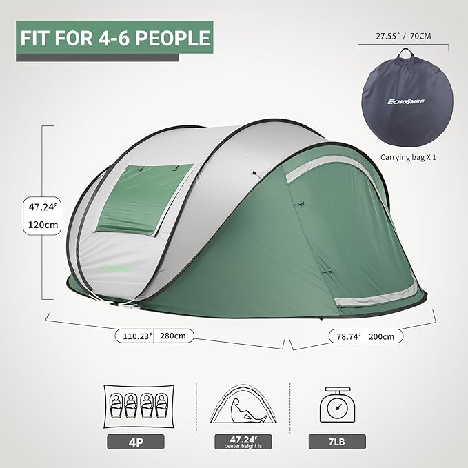 EchoSmile Instant Pop Up Camping Tent 2/4/6 Person Easy Setup Tent Water Resistant Dome Portable with Carry Bag
