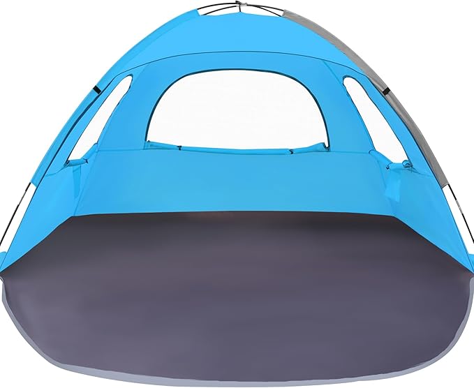 WhiteFang Beach Tent Anti-UV Portable Sun Shade Shelter for 3/4/6/8 Person Extendable Floor with 3 Ventilating Mesh Windows Plus Carrying Bag Stakes and Guy Lines