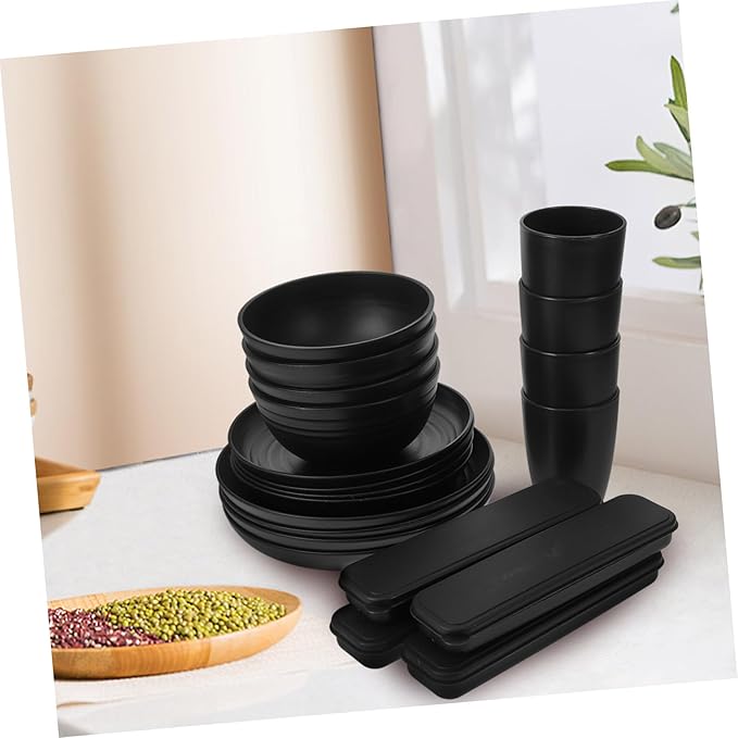 Alipis 28-Piece Black Dinnerware Set Portable Camping Cutlery with Bowls Plates Cups and Utensils Travel Tableware for Picnics and Outdoor Use