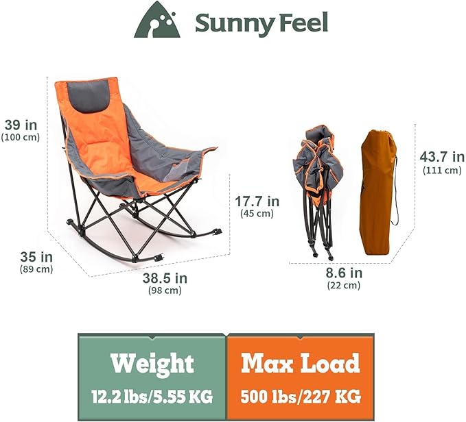 SUNNYFEEL Heated Camping Chair Oversized Rocking Camping Chair for Adults 500 LBSFolding Lawn Chair with Padded Patio Recliner Portable Outdoor Camp Rocker Chairs