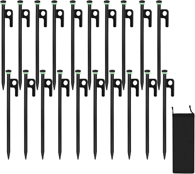 20Pcs Tent Stakes 8in Heavy Duty Tent Stakes with Storage Pouch Dia 0.35 Forged Steel Stakes for Tent Used on Rocks Snowfield(20Pcs 8in Stakes)