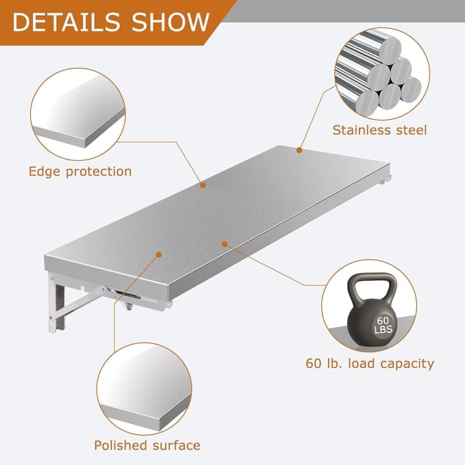 Concession Shelf 35.4 L x 12 W Folding Concession Shelf for Food Truck Stainless Steel Drop Down Folding Serving Food Shelf Stand for Concession Windows