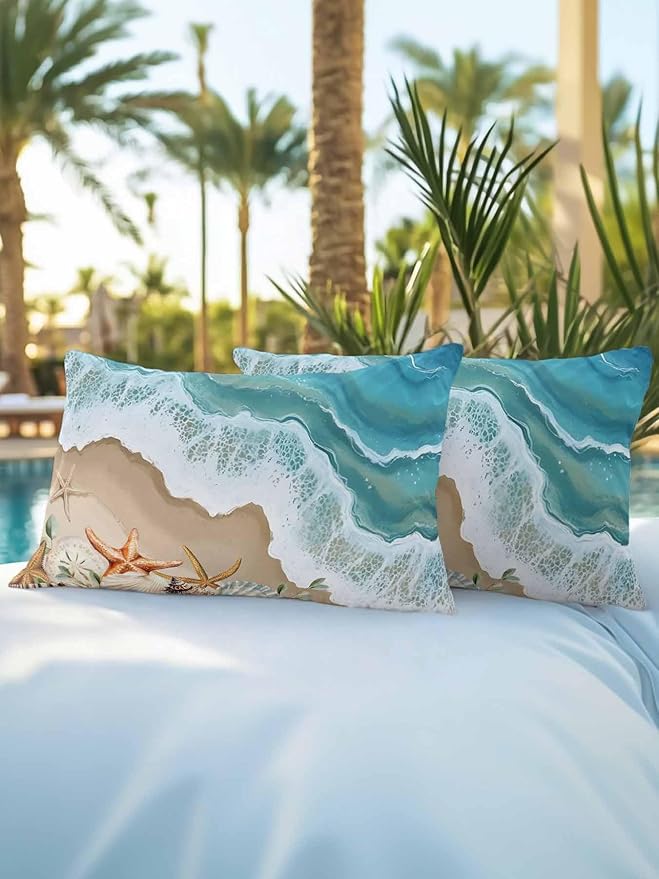 Outdoor Pillows Waterproof Coastal Beach Ocean Bedding Throw Pillows with Insert for Couch Sofa Bed Nautical Starfish Shells Conch 12x20 Inch Pillowcases Camping Patio Pillow Set of 2