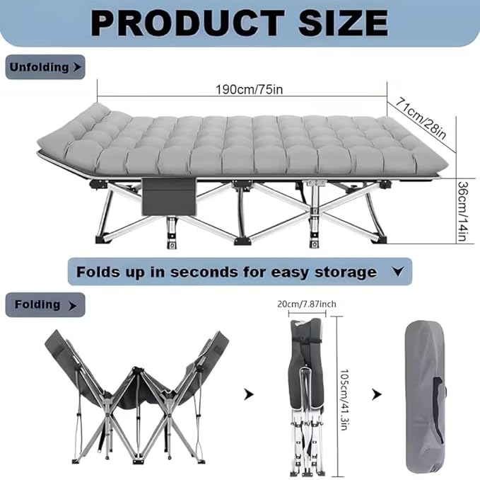 600LBS Extra-Large Folding Outdoor Camping Bed with Mattress Portable Folding Guest Bed Heavy-Duty Sleeping bedwith Storage Bag Suitable for Travel and Leisure (Grey 600lbs)