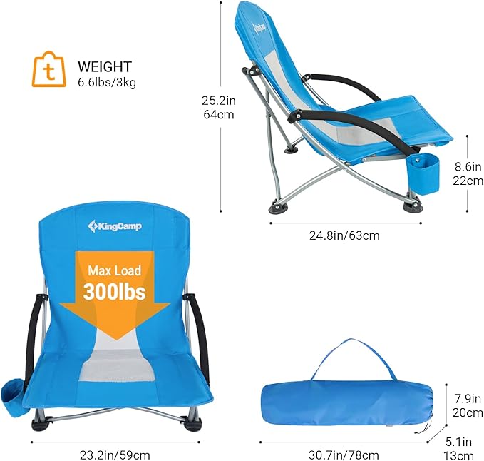 KingCamp Low Beach Chair High Back Folding Camping Chair for Adults Oversized Breathable Mesh Seat 300lbs Heavy Duty Portable Chair with Cup Holder &amp Storage Pockets for Beach Outdoor