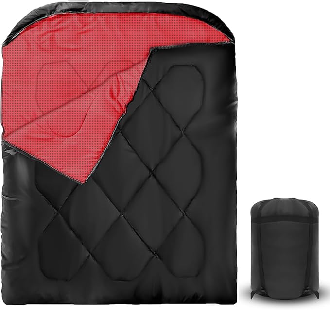 Double Sleeping Bag for Adults CampingBring Pillow XL Queen Size Sleeping Bags for 2 Person Hiking Backpacking Lightweight Waterproof with Compression Sack