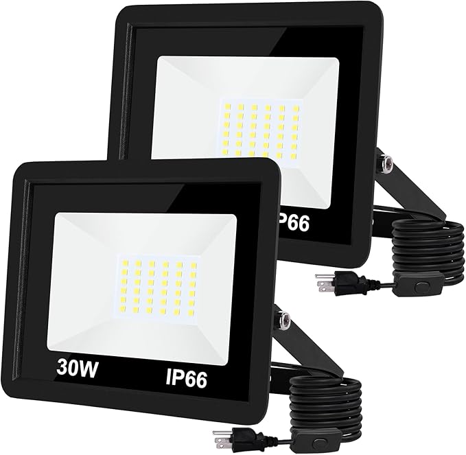 LED Flood Light Outdoor30W LED Work Light with ON/Off Switch Plug in Security Lights IP66 Waterproof 6500K 2Pack Portable Exteriores Floodlights for Yard Garage Stadium Garden Patio