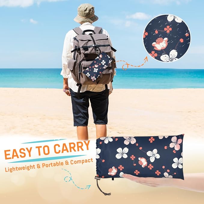 Waterproof Sandproof Beach Blanket 59''×68'' Flower Polyester Outdoor Picnic Blanket with 4 Stakes &amp Storage Bag for BeachCampingVacation Blue Background