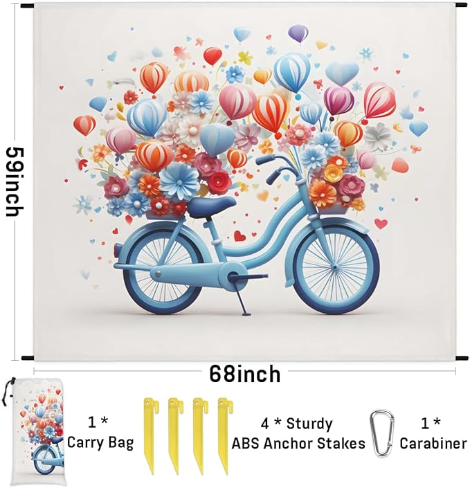 Waterproof Sandproof Beach Blanket 59''×68'' Pedal Car Polyester Outdoor Picnic Blanket with 4 Stakes &amp Storage Bag for BeachCampingVacation Hot-air Balloon