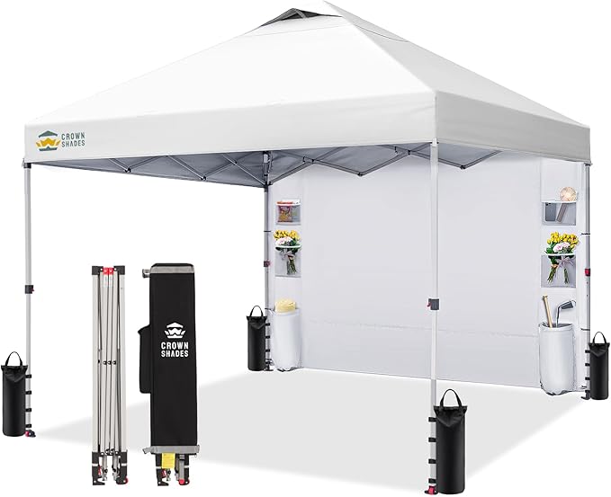 CROWN SHADES Canopy Tent 10x10 Pop Up Canopy Outdoor Shade with Pockets Sidewall Easy Up Sun Shelter with One Person Set Up Center Lock Portable Instant Camping Beach Canopy Tents Grid White