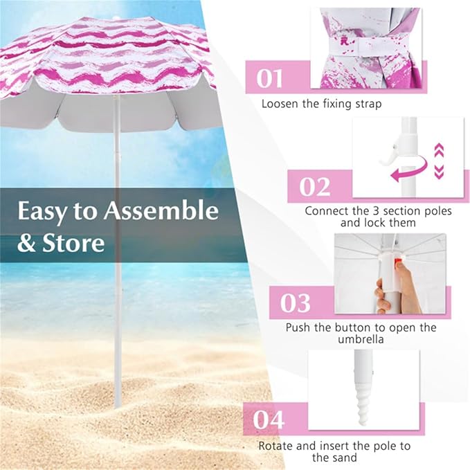 Portable 4 Pieces Beach Set with 6.2ft Sun-Proof Umbrella 2 Foldable Chairs and 80 x 80 Waterproof Blanket 30° Tilt System Umbrella with Sand Anchor &amp Carrying Bag for Picnic &amp Camping (Pi