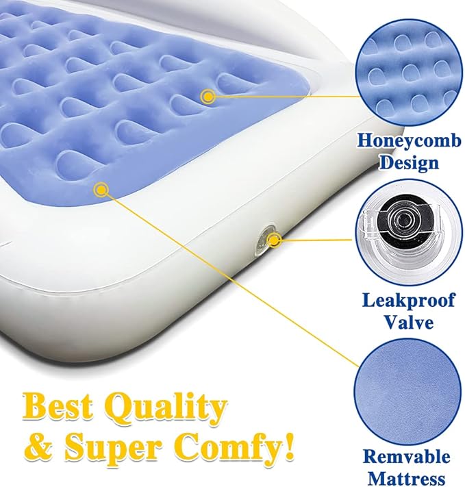 Inflatable Kids Travel Bed Toddler Air Mattress SetPortable Blow Up Mattress Sleeping Bed Cot with Bed Rails and Electric Pump Ideal for Road Trip