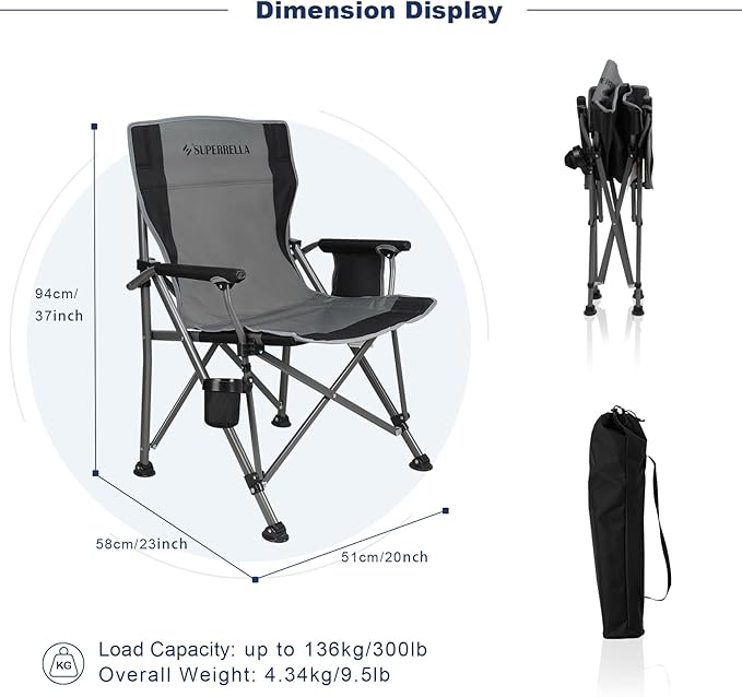Portable Outdoor Folding Camping Chair Heavy Duty Camp Chair with Storage Bag for Outside Activities Black Grey