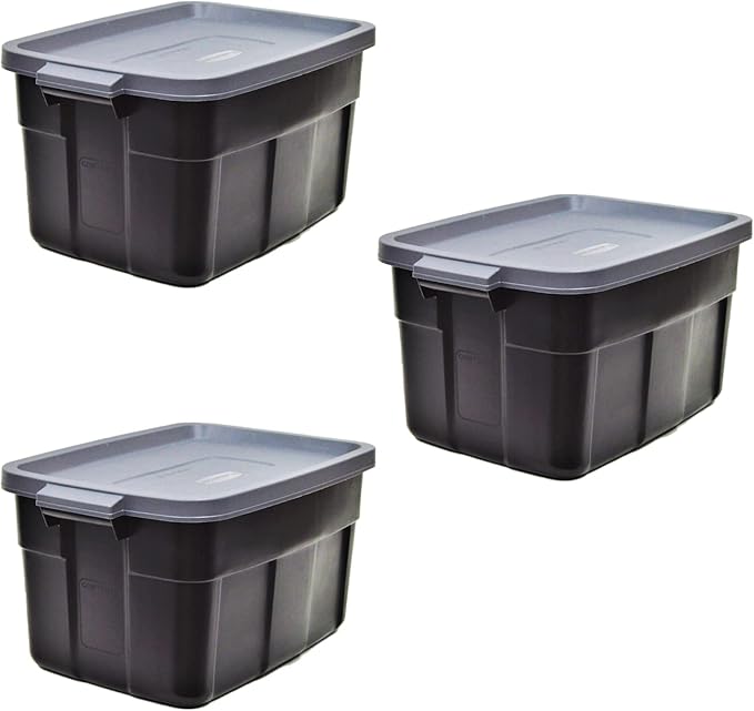 Rubbermaid Garage Storage Bins Black Plastic Stackable Storage with 3-Pack 31 GAL Capacity Totes for Storage Home Organization Durable - Heavy Duty (31 GAL - 3 Pack Solid Black and Grey)