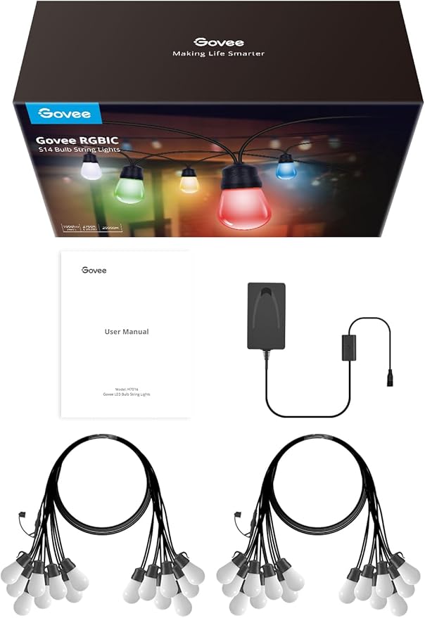 Govee Smart Outdoor String Lights H7016 96ft RGBIC Outdoor Lights with 30 Dimmable LED Bulbs IP65 Waterproof Color Changing Warm White Lights with 47 Scene Modes for Patio Backyard App Control