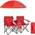 Beach Chair with Umbrella Portable Camping Chair with Cooler Bag Cup Holders Side Pocket Carrying Bag Double Folding Chair for Picnic Patio Canopy Outside (Red)