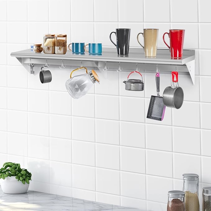 Hally Stainless Steel Shelf with 6 Hooks 18 x 48 Wall Mounted Pot Rack 400lb NSF Commercial Floating Shelving for Storage Hanging Pots Pans cookware in Restaurant Kitchen Home and Hotel