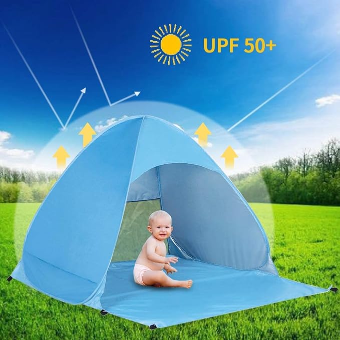 Pop Up Beach Tent – for 3-4 Person UPF 50+ UV Sun Protection Beach Shade Pop Up Sun Shelter with Carry Bag and Tent Stakes for Beach Park Camping (X-Large)